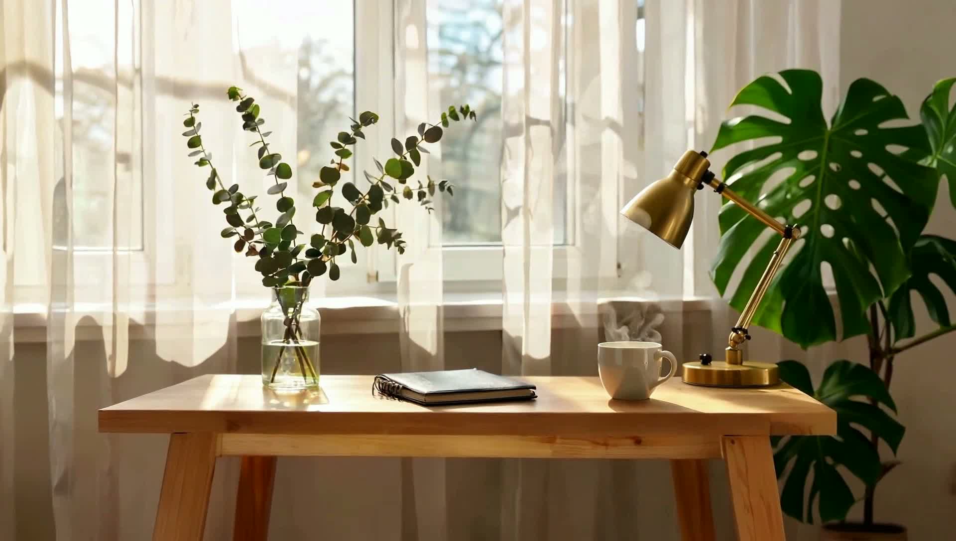 Bright home office workstation with plants and morning light